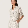 Boxy-Baumwollhemd für Damen mit schwarz-weissem Blumenprint