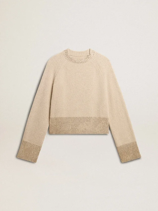 Boxy-Pullover für Damen aus Wolle mit Hotfix-Kristallverzierung
