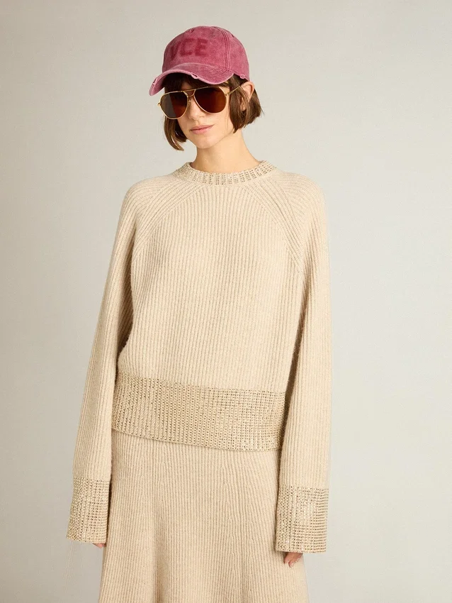 Boxy-Pullover für Damen aus Wolle mit Hotfix-Kristallverzierung