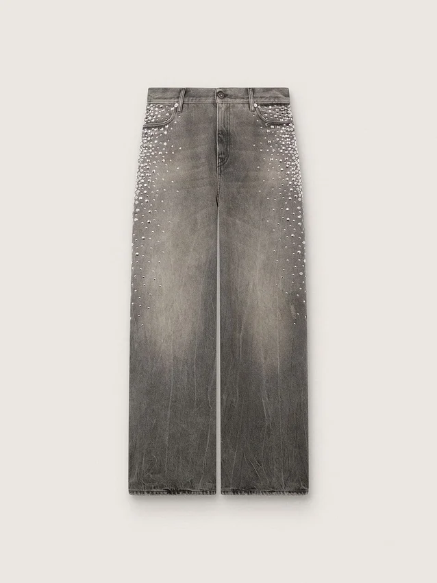 Boyfriend-Jeans für Damen aus grauem Denim mit silbernen Nieten im Farbverlaufseffekt