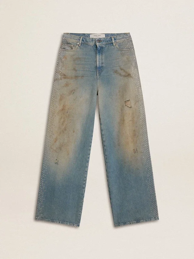 Boyfriend-Jeans für Damen mit Sandwasch-Effekt im Used-Look und Nieten