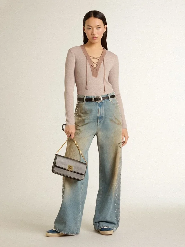 Boyfriend-Jeans für Damen mit Sandwasch-Effekt im Used-Look und Nieten