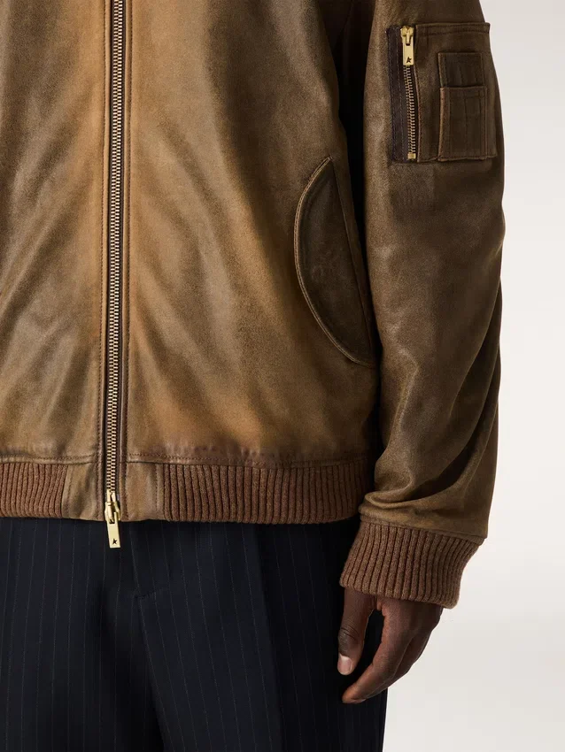 Braune Leder-Bikerjacke mit Used-Look