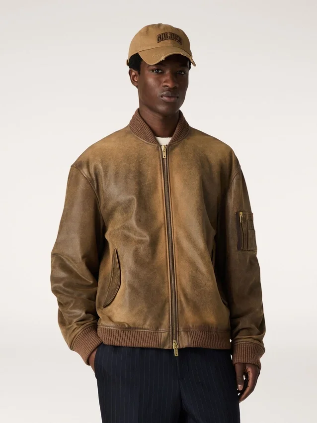Braune Leder-Bikerjacke mit Used-Look