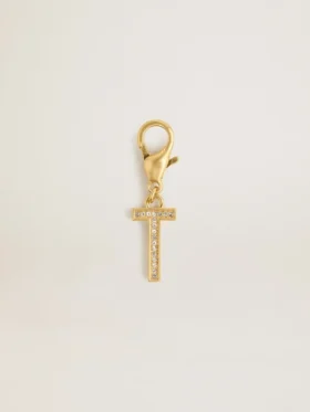 Buchstaben-T-Anhänger aus goldfarbenem Messing mit Kristallen