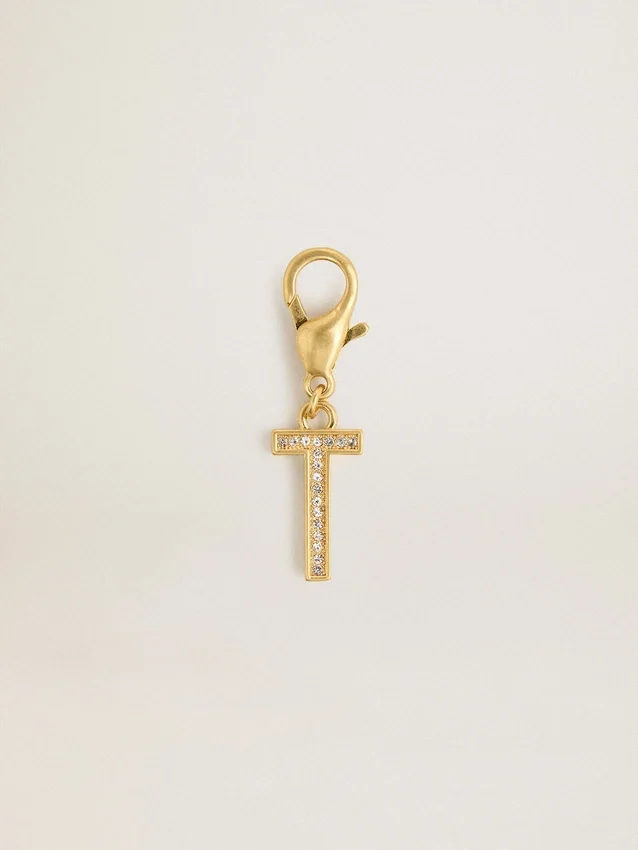 Buchstaben-T-Anhänger aus goldfarbenem Messing mit Kristallen