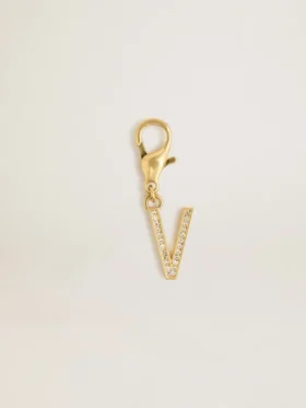 Buchstaben-V-Anhänger aus goldfarbenem Messing mit Kristallen