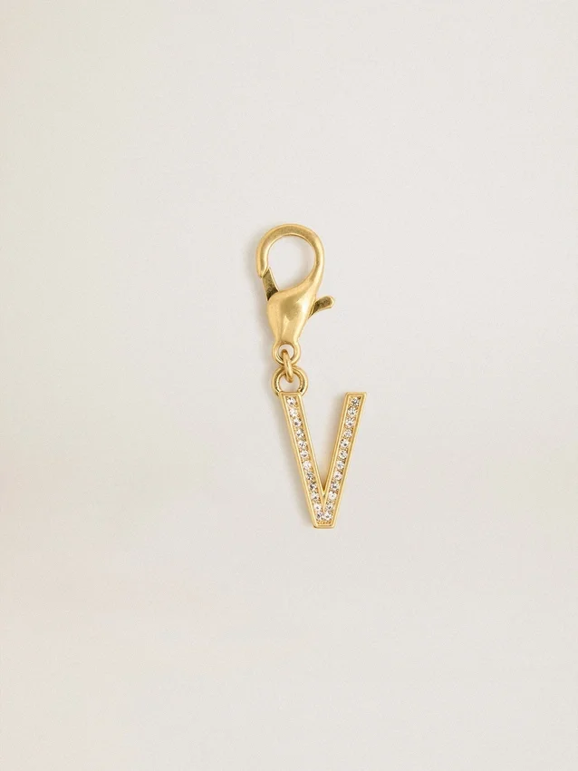 Buchstaben-V-Anhänger aus goldfarbenem Messing mit Kristallen