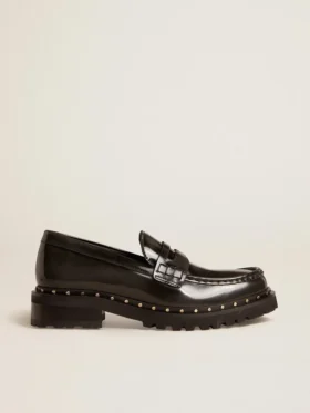 Chunky-Loafer für Damen aus schwarzem Leder mit Nieten