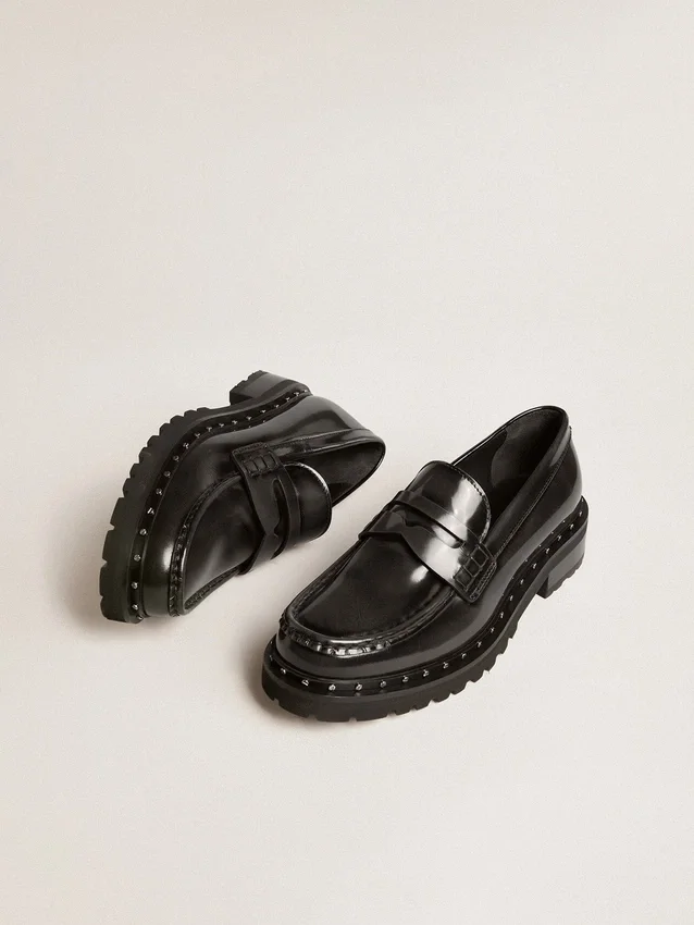 Chunky-Loafer für Damen aus schwarzem Leder mit Nieten