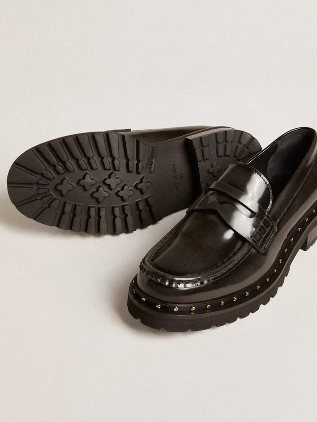 Chunky-Loafer für Damen aus schwarzem Leder mit Nieten