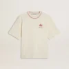 CNY – abgenutzt-weisses, ärmelloses T-Shirt mit roter Stickerei