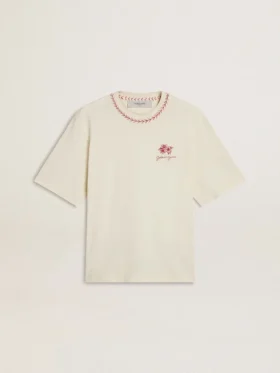CNY – abgenutzt-weisses, ärmelloses T-Shirt mit roter Stickerei
