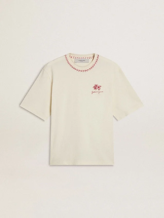 CNY – abgenutzt-weisses, ärmelloses T-Shirt mit roter Stickerei