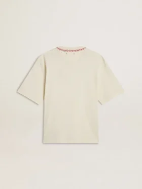 CNY – abgenutzt-weisses, ärmelloses T-Shirt mit roter Stickerei