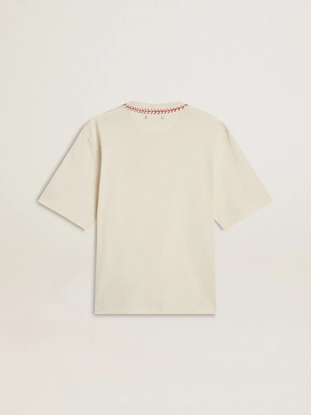 CNY – abgenutzt-weisses, ärmelloses T-Shirt mit roter Stickerei