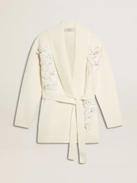 Cremefarbene Damen-Strickjacke aus Baumwolle mit Blumenstickerei