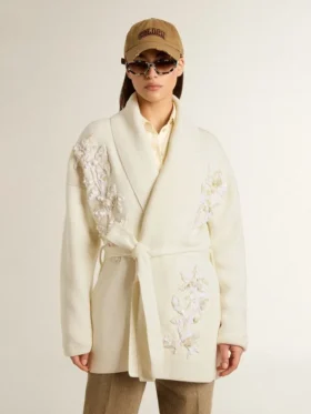 Cremefarbene Damen-Strickjacke aus Baumwolle mit Blumenstickerei