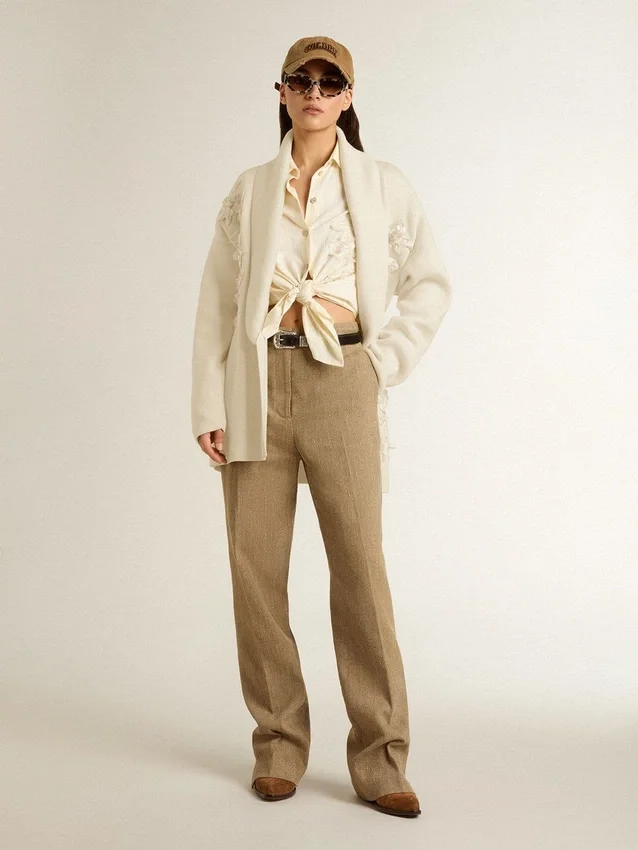 Cremefarbene Damen-Strickjacke aus Baumwolle mit Blumenstickerei