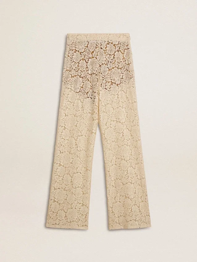 Cremefarbene, durchsichtige Spitzenhose für Damen