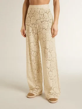 Cremefarbene, durchsichtige Spitzenhose für Damen