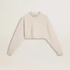 Cremefarbenes, kurzes Damen-Sweatshirt aus Baumwolle mit Kristallen auf der Vorderseite