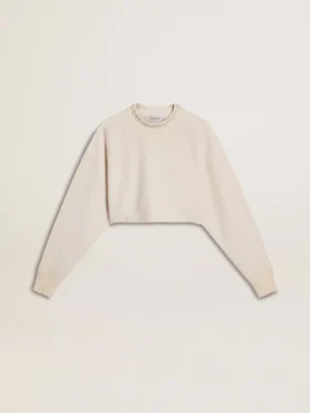 Cremefarbenes, kurzes Damen-Sweatshirt aus Baumwolle mit Kristallen auf der Vorderseite