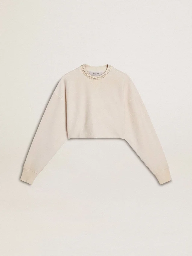 Cremefarbenes, kurzes Damen-Sweatshirt aus Baumwolle mit Kristallen auf der Vorderseite