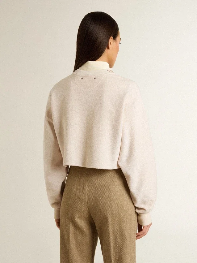 Cremefarbenes, kurzes Damen-Sweatshirt aus Baumwolle mit Kristallen auf der Vorderseite