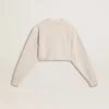 Cremefarbenes, kurzes Damen-Sweatshirt aus Baumwolle mit Kristallen auf der Vorderseite