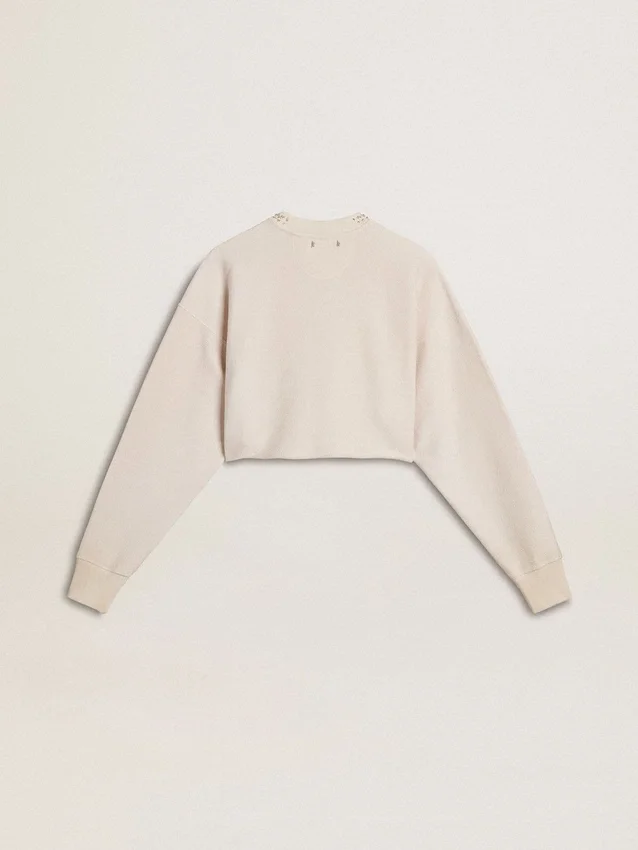 Cremefarbenes, kurzes Damen-Sweatshirt aus Baumwolle mit Kristallen auf der Vorderseite
