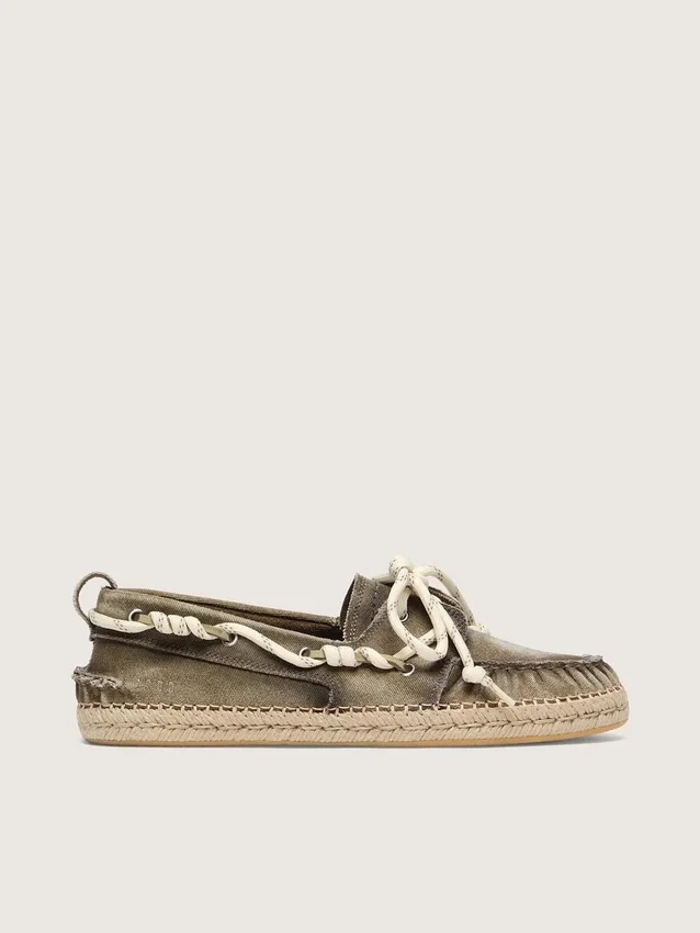 Cruise-Espadrilles für Herren aus militärgrünem Canvas mit weissen Wanderschnürsenkeln