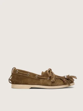 Cruise-Loafer für Damen aus khakifarbenem Wildleder mit Fransen und mehrfarbigen Perlen