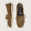 Cruise-Loafer für Damen aus khakifarbenem Wildleder mit Fransen und mehrfarbigen Perlen