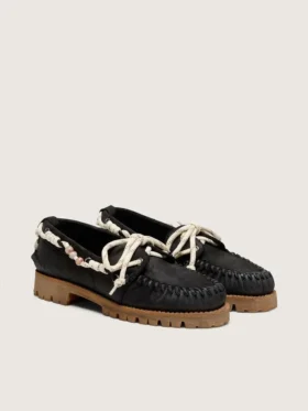 Cruise-Loafer für Damen aus schwarzem, gewachstem Wildleder mit schwarzen Wanderschnürsenkeln