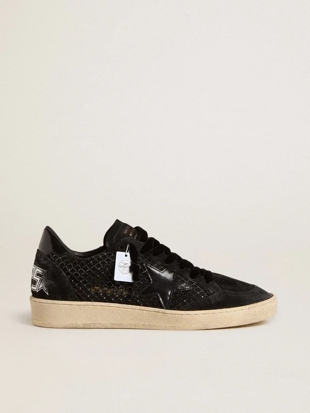 Damen-Ball Star aus Mesh mit Swarovski-Kristallen und schwarzem, laminiertem Lederstern sowie Fersenlasche