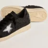 Damen-Ball Star aus Mesh mit Swarovski-Kristallen und schwarzem, laminiertem Lederstern sowie Fersenlasche