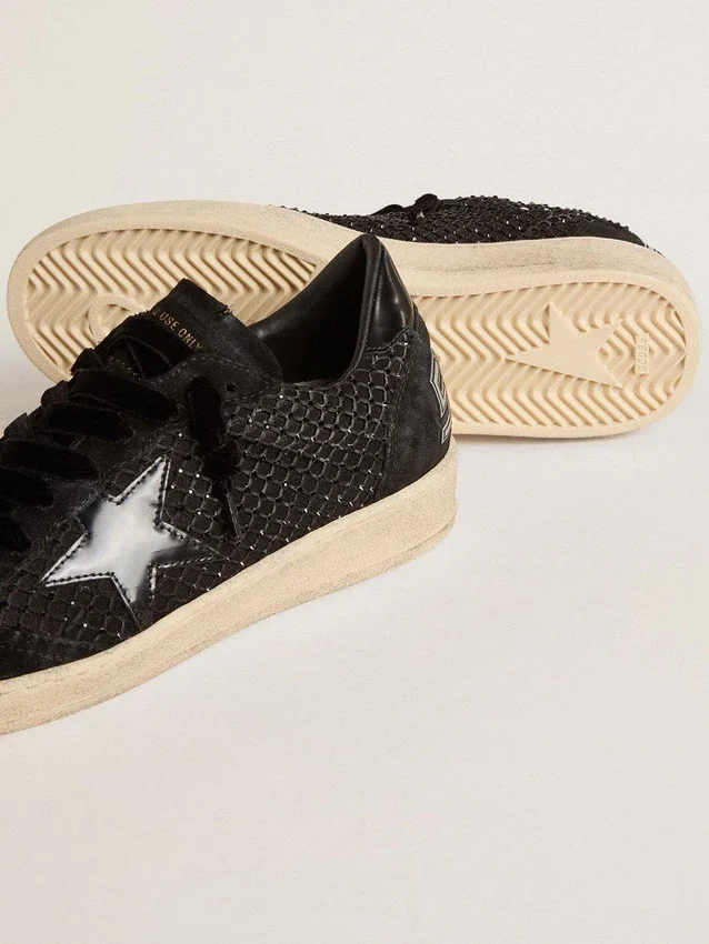 Damen-Ball Star aus Mesh mit Swarovski-Kristallen und schwarzem, laminiertem Lederstern sowie Fersenlasche