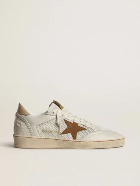 Damen-Ball Star aus weissem Nappa und Mesh mit tabakfarbenem Nubuk-Stern und beiger Fersenlasche