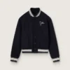 Damen-Bomberjacke aus dunkelblauer Wolle mit weissen Details