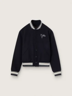 Damen-Bomberjacke aus dunkelblauer Wolle mit weissen Details