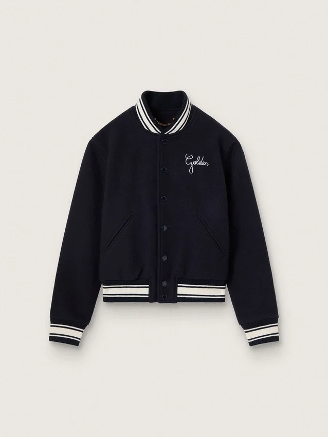 Damen-Bomberjacke aus dunkelblauer Wolle mit weissen Details