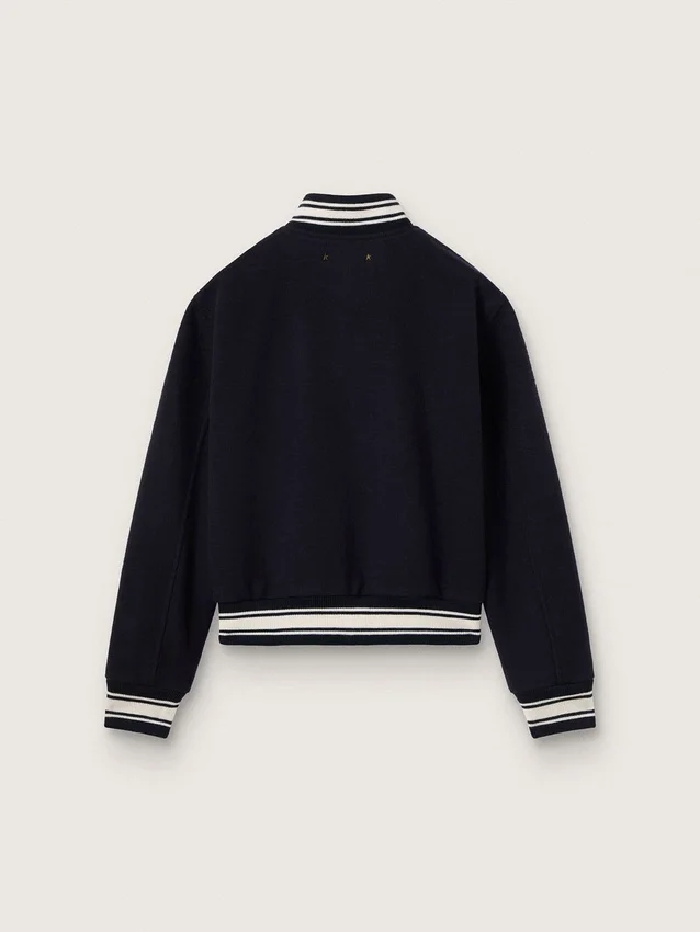 Damen-Bomberjacke aus dunkelblauer Wolle mit weissen Details