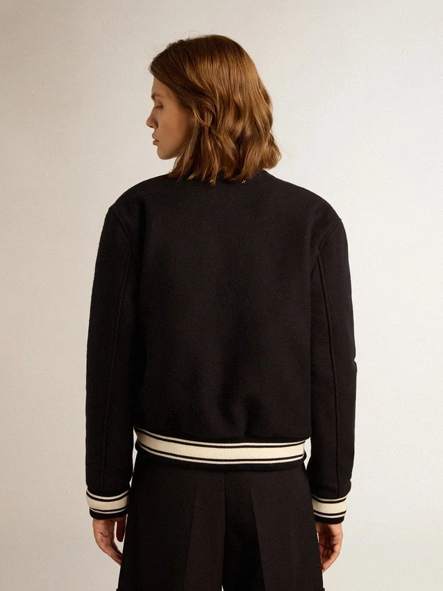 Damen-Bomberjacke aus dunkelblauer Wolle mit weissen Details