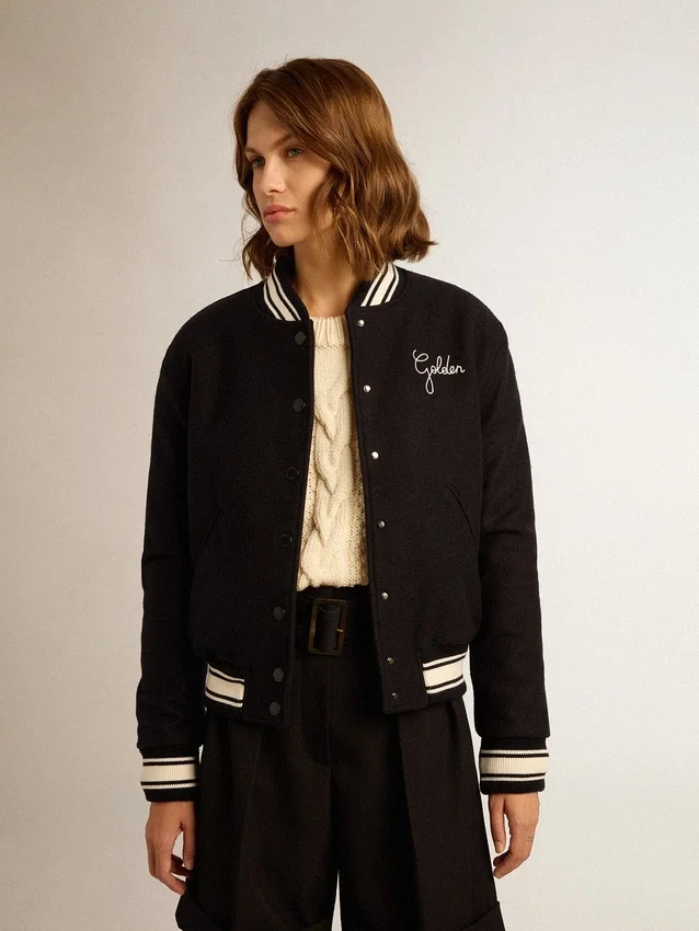Damen-Bomberjacke aus dunkelblauer Wolle mit weissen Details
