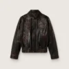 Damen-Bomberjacke aus dunkelburgunderrotem Nappaleder mit Blumenstickerei