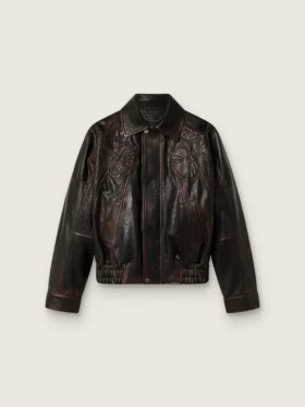 Damen-Bomberjacke aus dunkelburgunderrotem Nappaleder mit Blumenstickerei
