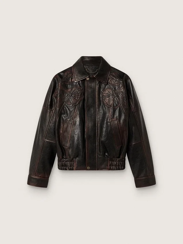 Damen-Bomberjacke aus dunkelburgunderrotem Nappaleder mit Blumenstickerei