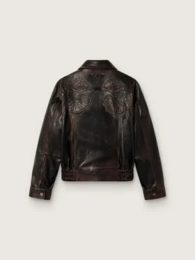 Damen-Bomberjacke aus dunkelburgunderrotem Nappaleder mit Blumenstickerei