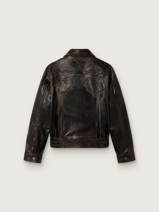 Damen-Bomberjacke aus dunkelburgunderrotem Nappaleder mit Blumenstickerei